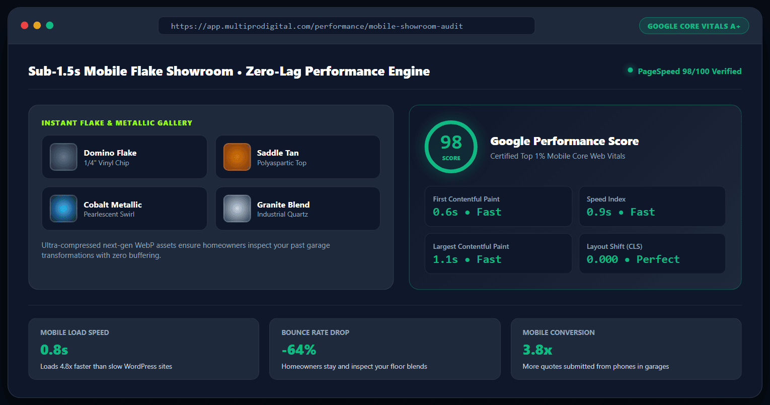Sub-1.5s Mobile Flake Showroom and PageSpeed 98/100 Core Web Vitals audit